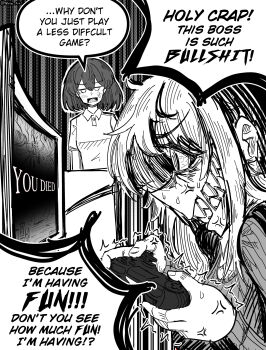 2girls @_@ anger_vein angry artist_name bags_under_eyes breasts commentary controller english_commentary english_text furious game_controller highres mimi_(nhim) monitor multiple_girls nhim open_mouth original rectangular_mouth sharp_teeth shouting small_breasts sweat sweater teeth trembling video_game you_died