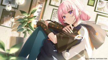 Rule 34 | 1girl, black gloves, blue eyes, blue pantyhose, blurry, blurry foreground, brown jacket, closed mouth, commentary request, copyright notice, double bun, fingerless gloves, from side, gloves, hair bun, hood, hood down, hooded jacket, jacket, kaf (kamitsubaki studio), kamitsubaki studio, kawausoman, knees up, light bulb, looking at viewer, multicolored jacket, official art, pantyhose, picture frame, pink hair, plant, potted plant, short hair, sitting, solo, virtual youtuber, white jacket, yellow pupils