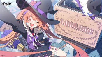 1girl absurdly_long_hair black_hat black_jacket black_skirt blurry blurry_background broom broom_riding chinese_commentary commentary_request copyright_name copyright_notice hat highres jacket juliet_sleeves long_hair long_sleeves looking_at_viewer milestone_celebration miniskirt mistique_(stella_sora) official_art orange_eyes orange_hair pleated_skirt puffy_sleeves second-party_source selfie skirt solo stella_sora twintails very_long_hair witch_hat zenmaibook