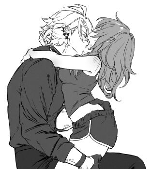 1boy 1girl ahoge bite_mark bite_mark_on_neck breasts camisole dolphin_shorts ear_piercing gloves grabbing_another&#039;s_ass greyscale groping hand_under_clothes hand_under_shorts hashtag-only_commentary hetero hickey highres honkai:_star_rail honkai_(series) meat7955 medium_breasts medium_hair monochrome official_alternate_costume pants phainon_(fashion)_(honkai:_star_rail) phainon_(honkai:_star_rail) piercing shirt short_hair shorts simple_background stelle_(honkai:_star_rail) trailblazer_(honkai:_star_rail)