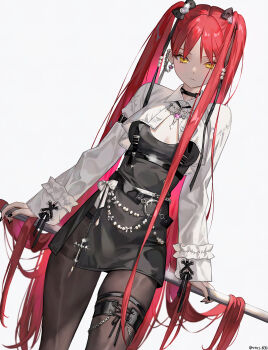 1girl against_railing arm_belt belt black_belt black_bow black_nails black_panties black_pantyhose black_ribbon bow breasts buckle buttons chest_harness cleavage collared_shrug commentary cowboy_shot cross dutch_angle ear_chain ear_piercing earrings english_commentary fashion frilled_sleeves frills hair_bow hair_flowing_over harness heart heart-shaped_buckle heart_earrings heart_necklace highres jewelry latin_cross linked_piercing long_hair long_sleeves looking_at_viewer necklace o-ring o-ring_belt original oto1_030 panties pantyhose piercing railing red_hair ribbon shrug_(clothing) side_slit simple_background skindentation small_breasts solo strap thigh_strap twintails underwear very_long_hair white_background white_bow white_shrug wispy_bangs yellow_eyes