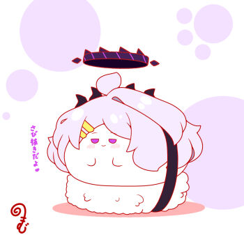 ahoge blue_archive blush closed_mouth colored_shadow fish_(food) food grey_hair hair_ornament hairclip halo highres hina_(blue_archive) horns in_food kurukurumagical long_hair lying nigirizushi on_stomach parted_bangs purple_eyes rice shadow single_hair_intake smile solo sushi translation_request very_long_hair white_background