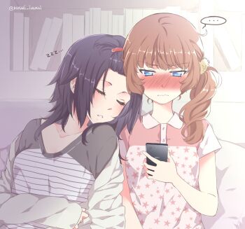 Rule 34 | ..., 2girls, alter ego (manga), ana c. sanchez, blue eyes, bookshelf, brown hair, closed eyes, closed mouth, commentary, english commentary, highres, holding, holding phone, indoors, june lee, leaning on person, multiple girls, noel (alter ego), phone, pink shirt, shirt, side ponytail, sleeping, spoken ellipsis, star (symbol), star print, striped clothes, striped shirt, wavy mouth, yuri, zzz