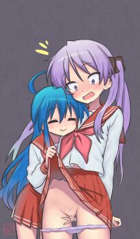 2girls absurdres ahoge assisted_exposure blue_hair blush censored closed_eyes clothes_lift cowboy_shot elementary_(lolipope) female_focus female_pubic_hair fingering grey_background hair_ribbon highres hiiragi_kagami izumi_konata loli long_hair looking_down lucky_star matching_hair/eyes molestation multiple_girls open_mouth panties panty_pull pubic_hair purple_eyes purple_hair purple_panties pussy pussy_juice red_skirt ribbon school_uniform shirt simple_background skirt skirt_lift standing twintails underwear variant_set very_long_hair white_shirt yuri