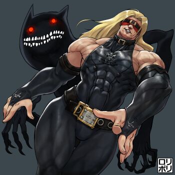 1boy abs absurdres bare_shoulders belt black_belt black_bodysuit black_gloves blindfold blonde_hair bodysuit clenched_teeth creature eddie_(guilty_gear) elbow_gloves fingerless_gloves gloves grey_background guilty_gear highres jamrolypoly long_hair male_focus muscular muscular_male pectorals simple_background sleeveless teeth zato-1
