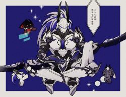 Rule 34 | 1boy, armor, blue background, border, chibi, cleaning, cleaning weapon, fate/grand order, fate (series), floating screen, full armor, full body, grey hair, helmet, holding, indian style, long hair, male focus, mashugure, mimikaki, minamoto no tametomo (fate), sitting, speech bubble, towel, translation request, weapon, white border