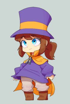 1girl :3 a_hat_in_time blue_eyes boots brown_boots brown_hair brown_pants cape child closed_mouth commentary english_commentary full_body grey_background hat hat_kid hat_ribbon jacket long_hair long_sleeves neamosub pants ponytail purple_hat purple_jacket ribbon sidelocks simple_background solo top_hat yellow_cape yellow_ribbon zipper_pull_tab