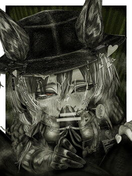 1boy 1girl absurdres animal_ear_fluff animal_ears arknights beanstalk_(arknights) blank_censor blush braid censored commentary_request cum cum_on_body ears_through_headwear facial fellatio gloves greyscale hair_between_eyes hetero highres hyena_ears hyena_girl hyena_tail id_card kyoeikyoei52906 long_hair long_sleeves monochrome one_eye_closed oral orange_eyes penis pov single_braid single_glove spot_color