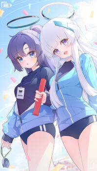 2girls absurdres akovo black_buruma black_shirt blue_archive blue_jacket buruma commentary_request gym_uniform halo highres holding_relay_baton id_card jacket jacket_partially_removed lanyard long_hair looking_at_viewer mechanical_halo millennium_science_school_logo multiple_girls noa_(blue_archive) official_alternate_costume open_mouth purple_eyes purple_hair shirt star_(symbol) star_sticker sticker sticker_on_face track_jacket white_hair white_halo yuuka_(blue_archive) yuuka_(track)_(blue_archive)