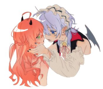 2girls black_nails blue_eyes blue_hair blush commentary demon_horns demon_wings fang green_eyes hololive horns hoshimachi_suisei long_hair maid_headdress multiple_girls open_mouth pink_hair sakura_miko shirt simple_background symbol-only_commentary virtual_youtuber white_background white_shirt wings you_(you_forme_0w0) yuri