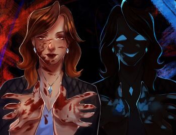 Rule 34 | 1girl, black jacket, blood, blood on face, blue shirt, boyfriend to death, brown hair, celia lede, colored eyelashes, earrings, hands up, highres, inverted colors, jacket, jewelry, long hair, looking at viewer, loverykmoon, multiple views, necklace, shirt, upper body