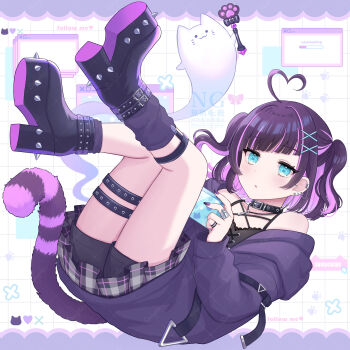 1girl absurdres ahoge asymmetrical_legwear bare_shoulders black_boots black_camisole black_collar black_shorts black_socks blue_eyes boots camisole character_request collar commentary_request ear_piercing earrings emyuu_(5renjar) full_body ghost grey_skirt hair_ornament hairclip heart heart_ahoge highres hood hood_down hooded_jacket iriam jacket jewelry legs_up lying multicolored_hair off_shoulder on_back open_clothes open_jacket parted_lips piercing pink_hair plaid_clothes plaid_skirt platform_heels pleated_skirt purple_hair purple_jacket short_shorts shorts shorts_under_skirt skirt socks solo strapless stud_earrings thigh_strap two-tone_hair two_side_up virtual_youtuber window_(computing) x_hair_ornament