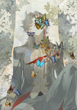 1boy absurdres against_tree bandaged_leg bandages bishounen black_gloves black_hair black_jacket blade_(honkai:_star_rail) bleeding blood blood_on_chest brown_shirt bug butterfly butterfly_on_head chinese_clothes closed_eyes closed_mouth commentary deep_wound earrings eyelashes gloves gradient_hair guaisanmu hair_between_eyes hair_intakes hand_on_own_knee highres honkai:_star_rail honkai_(series) injury insect jacket jewelry knee_up leaf long_hair long_sleeves male_focus mandarin_collar multicolored_hair parted_bangs red_eyes red_hair shirt sitting tassel too_many too_many_butterflies tree