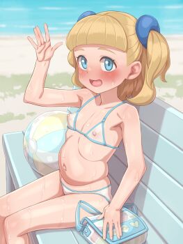 1girl ball beach beachball belly bikini blonde_hair blue_eyes blush commentary_request hand_up highres loli micro_bikini navel nintendo nipples ocean on_bench open_mouth outie_navel pokemon pokemon_swsh schoolgirl_(pokemon) see-through_bikini see-through_clothes short_hair sitting solo stomach swimsuit tenako_(mugu77) twintails