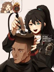 Rule 34 | 1girl, 1other, 2boys, black coat, black eyes, black hair, black shirt, blue eyes, blue hairband, brown hair, choso giving toudou a haircut (meme), clock, closed eyes, coat, collared shirt, commentary, cutting hair, dante (limbus company), dark-skinned male, dark skin, electric razor, english commentary, english text, fade (haircut), fire, hairband, heathcliff (project moon), heterochromia, high ponytail, highres, hong lu (project moon), limbus company, long hair, makeup brush, meme, mipoyos, multiple boys, necktie, object head, parted bangs, project moon, purple eyes, red coat, red necktie, rodion (project moon), scar, scar on face, shirt, sparkle, sweat, sweatdrop, twitter username, white shirt