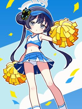 1girl black_hair blue_archive butterfly_hair_ornament cheerleader chibi double_bun hair_bun hair_ornament halo hat highres kisaki_(blue_archive) long_hair looking_at_viewer navel open_mouth panties pom_pom_(clothes) pom_pom_hair_ornament shishiejo_(sisieho1) standing twintails underwear white_panties