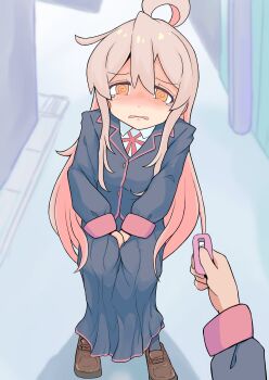 2girls @_@ absurdres ahoge blazer blue_jacket blue_skirt blue_socks controller double-parted_bangs embarrassed fley0205 full_body hair_between_eyes hand_on_own_crotch highres holding holding_remote_control implied_vibrator jacket leaning_forward loafers long_hair long_sidelocks long_skirt multiple_girls onii-chan_wa_oshimai! orange_eyes outdoors oyama_mahiro pink_hair pink_trim pov red_ribbon remote_control ribbon road shoes sidelocks skirt socks street tearing_up very_long_hair