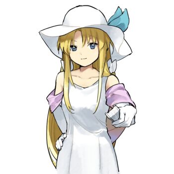 Rule 34 | 1girl, bare shoulders, blonde hair, blue eyes, dress, elbow gloves, gloves, hat, kaigen 1025, long hair, marie (seihou), seihou, solo, white dress