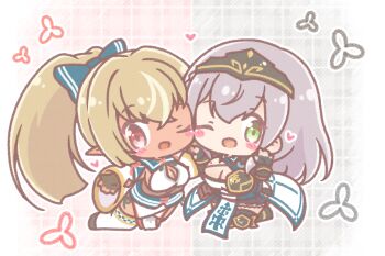 2girls ;d black_gloves black_shoes black_thighhighs blue_bow blush_stickers bow breasts brown_hair chibi cleavage cleavage_cutout clothing_cutout commentary_request dark-skinned_female dark_skin elf fingerless_gloves gloves green_eyes grey_hair hair_bow headpiece heart highres hololive large_breasts long_sleeves mitarashi_neko multiple_girls one_eye_closed open_mouth pointy_ears ponytail shiranui_flare shiranui_flare_(1st_costume) shirogane_noel shirogane_noel_(1st_costume) shoes smile thighhighs virtual_youtuber white_thighhighs wide_sleeves