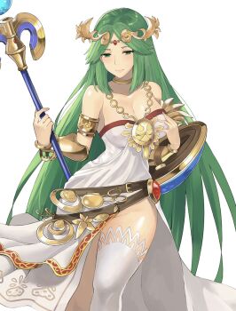 1girl ancient_greek_clothes armlet bangle bare_shoulders blush bracelet breasts chiton choker circlet cleavage closed_mouth dress female_focus gem green_eyes green_hair half-closed_eyes hands_up happy highres holding holding_staff j@ck jewelry kid_icarus lips long_hair matching_hair/eyes medium_breasts neck_ring necklace nintendo no_panties palutena shield shiny_skin side_slit simple_background single_thighhigh smile solo staff standing strapless strapless_dress thighhighs thighs vambraces very_long_hair white_background white_dress white_thighhighs yellow_choker