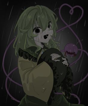 1girl black_hat buttons diamond_button eyeball frilled_shirt_collar frilled_sleeves frills green_eyes green_hair green_skirt hat hat_ribbon heart heart_of_string highres holding holding_unworn_clothes holding_unworn_hat komeiji_koishi rain ribbon sakatuki_07 shirt skirt smile stitched_eye third_eye touhou unworn_hat unworn_headwear wide_sleeves yellow_ribbon yellow_shirt