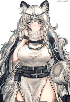 1girl absurdres animal_ear_fluff animal_ears arknights belt belt_buckle black_belt black_thighhighs blush braid breasts bright_pupils buckle closed_mouth commentary cowboy_shot dress grey_eyes groin hand_in_own_hair head_chain highres infection_monitor_(arknights) jewelry long_hair looking_at_viewer medium_breasts multiple_belts necklace pelvic_curtain pramanix_(arknights) sakutein_oekaki side_slit simple_background solo standing thighhighs twin_braids twitter_username white_background white_dress white_hair white_pupils