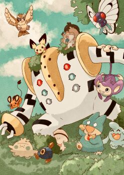 absurdres aipom animal_focus apple berry berry_(pokemon) bird blue_sky bug butterfly butterfree closed_eyes closed_mouth cloud dedenne eating field food foongus fruit full_body gen_1_pokemon gen_2_pokemon gen_3_pokemon gen_4_pokemon gen_5_pokemon gen_6_pokemon gen_8_pokemon grass greedent highres insect legendary_pokemon monkey munchlax mushroom nintendo no_humans open_mouth outdoors pichu pidgey pokemon pokemon_(creature) pokemon_focus rawst_berry regigigas roggenrola shroomish sitrus_berry sky smile standing wynaut zozozoshion