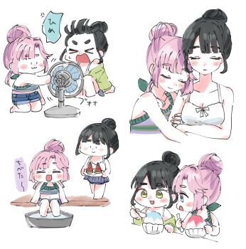 &gt;_&lt; 2girls :3 anyoji_hime anyoji_hime_(sleepover_at_ginko&#039;s) arm_hug black_hair blue_eyes blue_shorts blush blush_stickers camisole closed_mouth colored_speech_bubble commentary d: dx electric_fan food fruit green_eyes hair_bun highres holding holding_plate holding_spoon link!_like!_love_live! love_live! momose_ginko momose_ginko_(sleepover_at_ginko&#039;s) moso_(expect66) multiple_girls multiple_views official_alternate_costume open_mouth parted_lips pink_hair plate purple_shirt shaved_ice shirt short_eyebrows short_hair short_shorts shorts sidelocks single_hair_bun soaking_feet speech_bubble spoon thick_eyebrows two-tone_shirt v-shaped_eyebrows virtual_youtuber watermelon watermelon_slice white_camisole