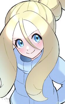 1girl blonde_hair blue_eyes closed_mouth commentary grey_jacket hair_between_eyes highres jacket korrina_(pokemon) long_hair looking_up meru_merume603 nintendo pokemon pokemon_legends:_z-a signature smile solo upper_body white_background