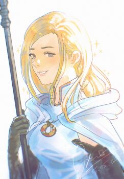 1girl blonde_hair breasts cape commentary dated detached_sleeves eyelashes highres holding holding_staff long_hair looking_at_viewer medium_breasts melia_art octopath_traveler octopath_traveler_i ophilia_clement pink_lips signature smile solo sparkle staff upper_body white_cape