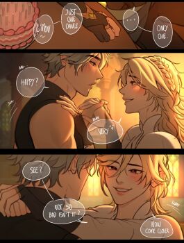 2boys alhaitham_(genshin_impact) blonde_hair blush commentary couple english_commentary genshin_impact green_eyes grey_hair happy highres holding_hands hug kaveh_(genshin_impact) lips long_hair male_focus multiple_boys red_eyes short_hair smile speech_bubble teeth upper_body wiistef yaoi