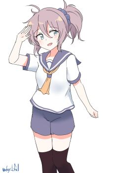 1girl aoba_(kancolle) black_thighhighs blue_eyes highres kantai_collection messy_hair neckerchief purple_hair purple_sailor_collar purple_shorts robinson_(day_l_full) sailor_collar sailor_shirt shirt short_hair shorts simple_background solo thighhighs white_background white_shirt yellow_neckerchief