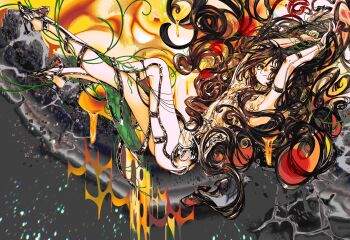 Rule 34 | 1girl, absurdly long hair, arms up, black hair, curly hair, long hair, one eye closed, original, solo, soshi1234, very long hair