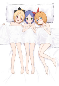 3girls barefoot bed_sheet black_bow blonde_hair blue_eyes blue_hair bow closed_mouth commentary commission english_commentary felt_(re:zero) flat_chest full_body green_eyes hair_bow hair_ornament hairband highres kuroshiro00 legs loli looking_at_viewer lying meili_portroute multiple_girls nude on_back on_side orange_hair petra_leyte pillow re:zero_kara_hajimeru_isekai_seikatsu red_eyes red_hairband short_hair thighs toes