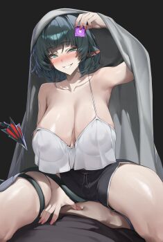 1boy 1girl absurdres animal_ears bare_shoulders black_background black_hair black_shorts blush breasts camisole cleavage collarbone condom condom_wrapper covered_erect_nipples girl_on_top green_eyes hetero highres holding holding_condom huge_breasts jane_doe_(zenless_zone_zero) pointy_ears samart short_hair shorts smile strap_slip tail thighs under_covers white_camisole zenless_zone_zero