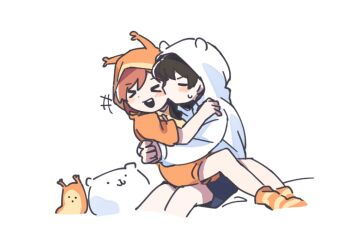 &gt;_&lt; 2girls :d aijou_karen animal-shaped_pillow animal_ear_hood animal_ears animal_hood bear_hood black_hair black_shorts blush_stickers brown_hair commentary crab_hood cropped_legs darami dot_nose face-to-face facing_another facing_to_the_side fake_animal_ears feet_out_of_frame hand_on_another&#039;s_shoulder hand_up hood hood_up hooded_pajamas hoodie horizontal-striped_socks hug kagura_hikari kiss kissing_cheek laughing legs_together long_hair long_sleeves multiple_girls no_mouth notice_lines official_alternate_costume open_mouth orange_pajamas orange_shorts orange_socks own_hands_together pajamas protected_link short_hair short_sleeves shorts shoujo_kageki_revue_starlight simple_background sitting sitting_on_lap sitting_on_person smile socks stuffed_animal stuffed_toy sweatdrop symbol-only_commentary teeth two-tone_pajamas two-tone_socks upper_teeth_only white_background white_hoodie yellow_pajamas yellow_socks yuri