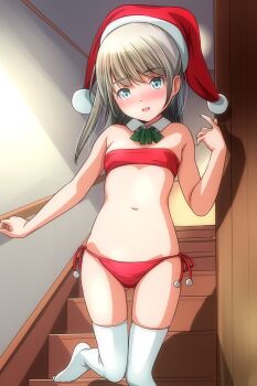1girl absurdres blush breasts detached_collar fur-trimmed_headwear fur_trim hat highres loli long_hair matsunaga_kouyou navel nose_blush original santa_hat small_breasts solo stairs swimsuit thighhighs white_thighhighs