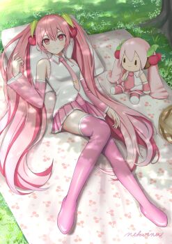 1girl bare_shoulders blush character_doll cherry_blossom_print cherry_hair_ornament cherry_print closed_mouth collared_shirt commentary_request doll floral_print flower food-themed_hair_ornament food_print fruit_print full_body hair_between_eyes hair_flower hair_ornament hatsune_miku highres long_hair looking_at_viewer lying miniskirt necktie nekoinu_bamboo on_back outdoors pink_eyes pink_hair pink_necktie pink_skirt pleated_skirt sakura_miku shade shirt skirt sleeveless sleeveless_shirt solo stuffed_toy thighs tree twintails very_long_hair vocaloid