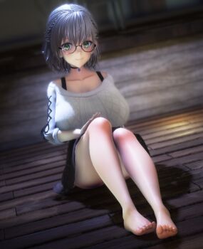 1girl 3d barefoot breasts feet glasses green_eyes hand_on_own_knee hololive large_breasts light_blush looking_at_viewer medium_hair shirogane_noel silver_hair smile soles toes virtual_youtuber