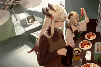 3girls apron arknights bird_girl breakfast brown_dress brown_hair coffee_mug coffee_pot commentary_request cup dragon_horns dress glasses highres horns id_card ifrit_(arknights) indoors kanzakimitoto lanyard mug multiple_girls nail_polish orange_eyes orange_nails owl_ears owl_girl pajamas saria_(arknights) short_hair silence_(arknights) under_covers white_hair