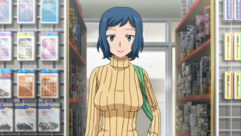 10s 1girl 2013 animated animated_gif anime_screenshot apron aqua_eyes bag blue_hair breasts gundam gundam_build_fighters iori_rinko large_breasts lipstick long_hair long_sleeves low_ponytail makeup mature_female ponytail salute shop shopping_bag smile solo standing sweater tagme toy toy_store turtleneck turtleneck_sweater yellow_sweater
