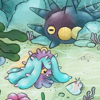 gen_7_pokemon gen_8_pokemon isaac_capp mareanie nintendo no_humans outdoors pincurchin pokemon pokemon_(creature) rock sand seaweed shell spikes underwater