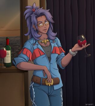 1girl alcohol belt blue_pants blue_shirt bottle brown_belt cup dark-skinned_female dark_skin drinking_glass glasses highres holding holding_cup indoors itsraijet long_hair looking_at_viewer nintendo pants pokemon pokemon_sv purple_eyes purple_hair raifort_(pokemon) red_wine shirt solo wine wine_glass