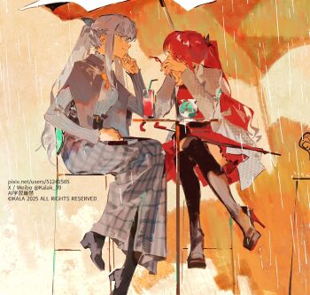 2girls arm_rest baobhan_sith_(a_break_in_the_rainy_season)_(fate) baobhan_sith_(fate) black_shoes black_thighhighs book book_on_lap chair cup dress drinking_glass drinking_straw fate/grand_order fate_(series) fujimaru_ritsuka_wa_wakaranai glasses grey_hair grey_jacket hair_ribbon head_rest high_chair high_heels holding holding_drinking_straw jacket kalak_39 long_hair long_skirt morgan_le_fay_(a_break_in_the_rainy_season)_(fate) morgan_le_fay_(fate) morgan_le_fay_(pop_up_attire)_(fate) mother_and_daughter multiple_girls official_alternate_costume plaid_clothes plaid_skirt pointy_ears ponytail red_dress red_nails ribbed_sweater ribbon shoes sitting skirt stiletto_heels sweater table thighhighs umbrella watermark white_sweater