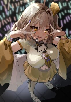 :d ahoge anis_(nikke) anis_(star)_(t.t._star)_(nikke) bead_bracelet beads blush bracelet breasts brown_eyes brown_hair commentary_request cropped_shirt double_v from_above full_body glowstick goddess_of_victory:_nikke hair_between_eyes headset highres idol jacket jewelry kneehighs large_breasts looking_at_viewer medium_hair miniskirt multicolored_nails multiple_bracelets multiple_rings navel necktie off_shoulder official_alternate_costume one_side_up open_mouth penlight_(glowstick) pissione plaid_clothes plaid_necktie ring shirt skirt smile socks stage standing star-shaped_pupils star_(symbol) star_in_eye symbol-shaped_pupils symbol_in_eye v v_over_eye white_shirt white_socks yellow_jacket yellow_skirt