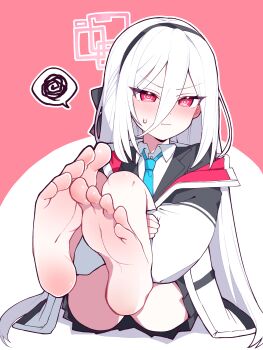 1girl @_@ aqua_necktie bare_legs barefoot black_hairband black_jacket blazer blue_archive blush double-parted_bangs feet hair_between_eyes hairband highres hugging_own_legs jacket jamongssui kei_(blue_archive) kei_(new_body)_(blue_archive) legs_up loli long_hair long_hair_between_eyes looking_at_viewer necktie red_eyes shirt sitting soles solo spoken_squiggle squiggle sweatdrop toes very_long_hair white_hair white_jacket white_shirt
