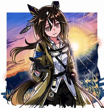 1girl animal_ears asymmetrical_shirt black_gloves black_hair breasts brown_eyes brown_hair chime! coat commentary_request compass ear_covers gloves goggles goggles_around_neck hair_between_eyes highres horse_ears horse_girl horse_tail knife long_hair looking_at_viewer multicolored_hair outdoors reaching reaching_towards_viewer sheath shirt sky small_breasts smile solo stay_gold_(sunlit_outsider)_(umamusume) stay_gold_(umamusume) streaked_hair sun tail umamusume white_hair white_shirt wrist_belt yellow_coat