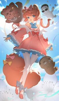 1girl animal_ears blue_eyes blue_ribbon blue_sky bow brown_hair chromu chudjak commentary day diagonal-striped_bow dress english_commentary frilled_dress frills full_body hair_bow hair_ornament hair_scrunchie indie_virtual_youtuber kowai_(iamkowai) long_hair low_twintails man_face midair open_mouth pantyhose pink_bow pink_dress raccoon_ears raccoon_girl raccoon_tail ribbon roblox_man_face_(meme) scrunchie simple_bird sky striped_bow tail twintails virtual_youtuber white_pantyhose