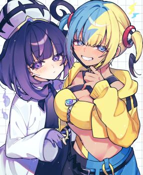 2girls aqua_hair bandeau black_hair black_pants blonde_hair blue_eyes blue_pants blush breasts canari_(pokemon) cleavage clenched_teeth dark-skinned_female dark_skin gloves gwynn_(pokemon) hat highres jacket looking_at_viewer medium_breasts midriff multicolored_hair multiple_girls nekojiri nintendo pants partially_fingerless_gloves pokemon pokemon_legends:_z-a purple_eyes purple_gloves purple_hair short_hair smile teeth two-tone_pants white_hat yellow_bandeau yellow_jacket