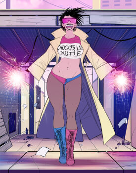 1girl coat commentary earrings english_commentary exmile highres jacket jewelry jubilee lightning_bolt_earrings lightning_bolt_symbol marvel pink-tinted_eyewear solo superhero_costume tinted_eyewear x-men yellow_coat yellow_jacket